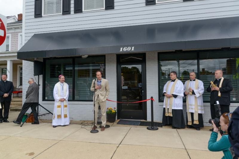 Board of Directors President Julian Malcolm welcomes our guests. Bishop Burbidge, Father Mosimann, Father Cummings, and Father Lundberg prepare to bless our new office and homes. (May 6, 2017)